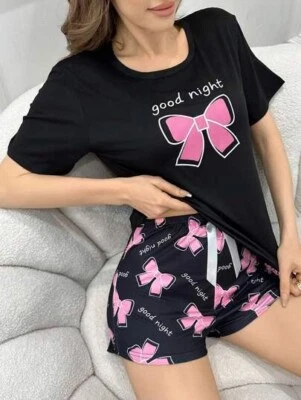 Bowknot & Letter Print Short Sleeve T-Shirt And Shorts Pajama Set UK