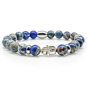 Jaspis Armband Bracelet Perlenarmband Hand der Fatima Silber blau 8mm Edelstahl - Bild 1 von 2
