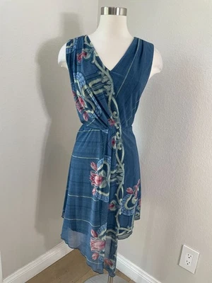 Anna Sui Womens 4 Blue Floral Sleeveless Dress V Neck Asymmetrical Hem - Image 1 of 4