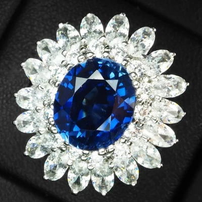 Graciosos anillos florales de oro blanco de plata de ley 925 de 7,70 quilates con zafiro azul real Foto 1 de 4