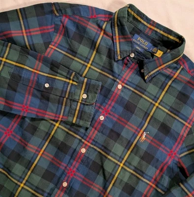 Polo Ralph Lauren Oxford Slim Fit Shirt Tartan Plaid Flesh Pony Green Men's L - Image 1 of 4