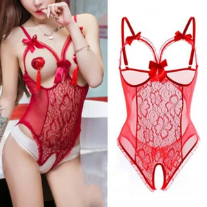 Womens Sexy Lingerie Lace Open Cup One Piece Cupless Sleepwear Babydoll Bodysuit - Picture 1 of 29