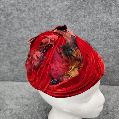 Женские винтажные красный бархат и перо таблетки коробка Tam шляпа сетки 1950 гламур - Изображение 1 из 4