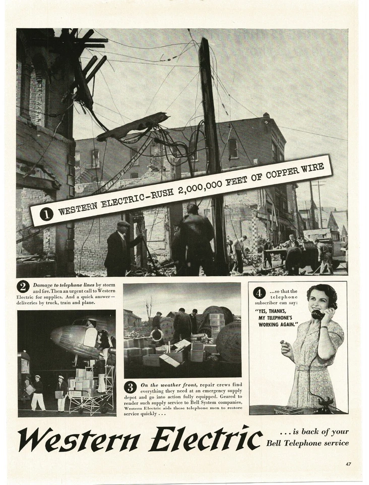 1941 Western Electric Rushes Telephone wire to disaster area Vintage Print Ad - Image 1 of 1