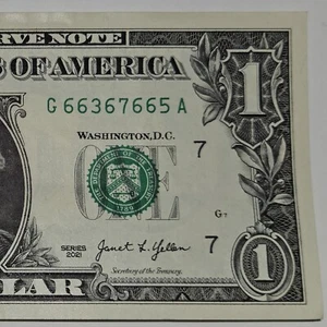 5 OF-A-KIND 2021 $1 Dollar Bill G66367665A Fancy Serial Number (B341) SHIPS FREE - Picture 1 of 4