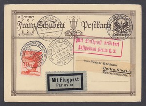 Austria Sc C23 uprates 1928 10g FRANZ SCHUBERT Air Mail postal card, FIP cancel