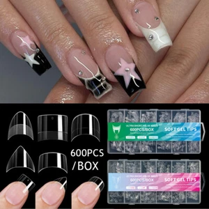 600 Pcs Clear Tips for Acrylic Nails Soft Gels Tips Short Half Cover Tips - Picture 1 of 26