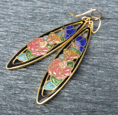 Pendientes Cloisonne Flor Mariposa Esmalte Negro Mejorados Llenos de Oro Alambres de Oreja Foto 1 de 4