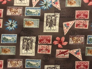  VINTAGE BRIEFMARKEN POSTMARKEN BLUMEN GRAU BRAUN BAUMWOLLSTOFF FQ OOP - Bild 1 von 4