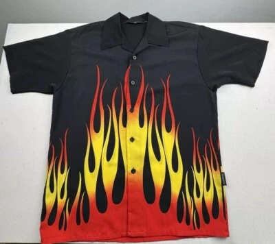 Dragonfly Clothing Company Flame Botton Shirt Mens Medium Black Flames Y2K Biker - Image 1 of 4