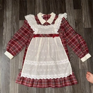 Bonnie Jean Girls Red Plaid Holiday Dress Lace Collar Size M Vtg cotton poplin - Picture 1 of 8