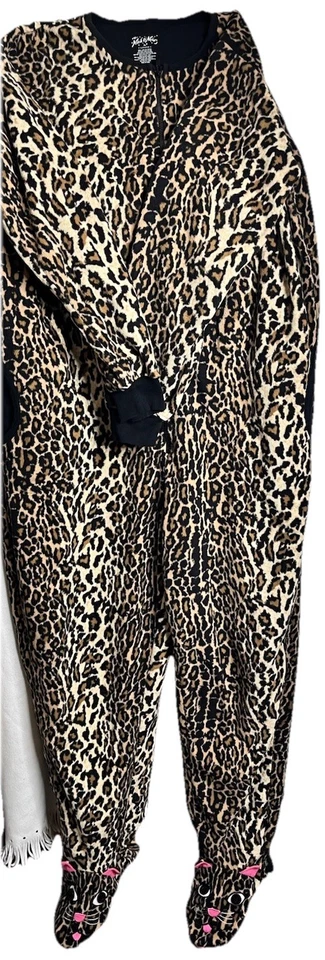 Pijama feminino Nick & Nora XL estampa de leopardo pé de gato peça única com zíper lã - Imagem 1 de 4