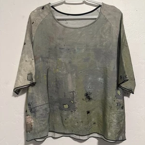 3 Potato Viscose Asian Print Lagenlook Cropped Top Pistachio Green Size S/M NWOT - Picture 1 of 9