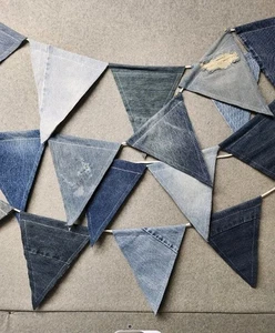 Denim Dekor recycelt blau Jeans Denim Wimpelkette 9 Flaggen 6' Fuß Hochzeit Party - Bild 1 von 5