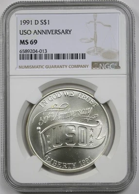 1991-D USO Anniversary $1 NGC MS 69 Modern Commemorative Silver Dollar - Image 1 of 4