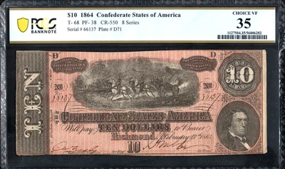 PCGS 35! 1864 CONFEDERATE STATES T-68 $10 NOTE - Image 1 of 2