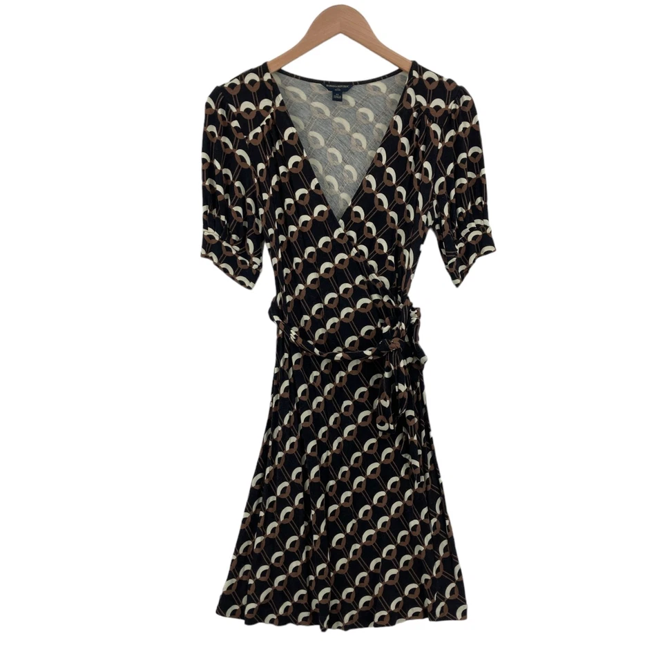 Banana Republic Wrap Dress Womens Petite Small Black Geo Print V Neck Drawstring - Image 1 of 4