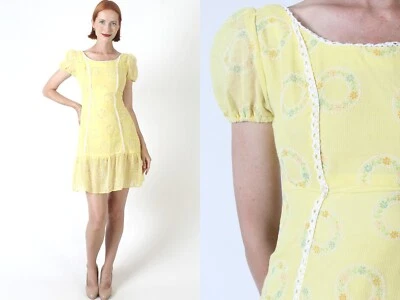 Mini Vestido Vintage Estampado Corona Crochet Borde Boho Amarillo Cóctel Té Boho Falda Foto 1 de 4