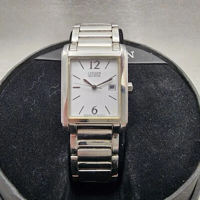 Citizen Eco-Drive Tank Watch Women 26mm White Dial Silver Tone Date Runs - Image 1 of 4