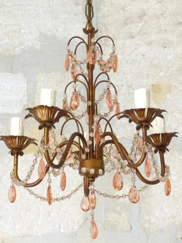 Vintage Chandelier Pink Drops Prisms Beads 1920 Italian Gilded metal 5 Lights Cover