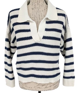 Natural Reflections 100% Cotton Sweater White Navy Stripe Beach - Picture 1 of 9