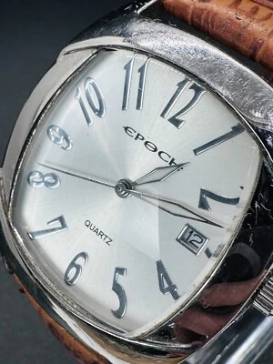 Working Epoch Stainless Steel Case Genuine Leather Quartz Analog Mens Watch E6 - Image 1 of 4