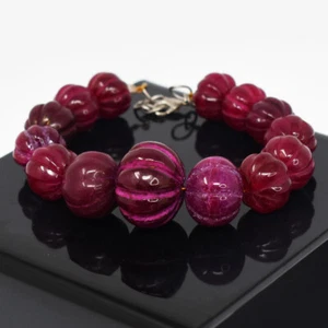 372 Cts Earth Mined 7" Long Red Ruby Flower Carved Beads Bracelet JK-52E346 - Picture 1 of 3
