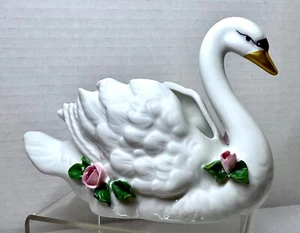 Jarrón jardinera vintage Swan German Dresden porcelana blanca billete de oro rosas rosas - Imagen 1 de 11