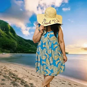 Vintage Hawaii Makai Strand ärmelloses Midikleid Palmenmuster Tunika Cover-Up XL - Bild 1 von 10