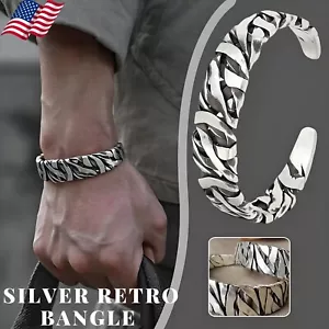 Men Bracelet Sterling Silver Retro Twisted Open Wide Bangle Cuff Bracelet USA - Picture 1 of 13