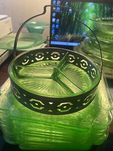 Vintage 1930's Vaseline Uranium Depression Glass Relish Tray w Handled Basket - Picture 1 of 5