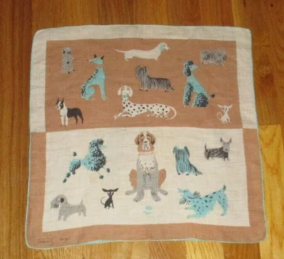 Vintage Tammis Keefe Brown Aqua Blue Dogs Handkerchief Hankie 14" - Image 1 of 4