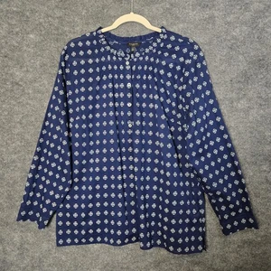 Talbots Top Womens XL Petite Blue White Geometric Cotton Ruffle Henley Edwardian - Picture 1 of 10