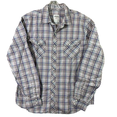Authentic Fossil 54 Pearl Snap Shirt Men L Multicolor Plaid Long Sleeve Pockets - Image 1 of 4
