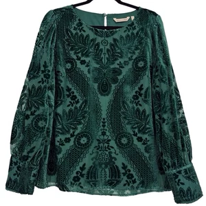 Soft Surroundings Top Vanetta Velvet Burnout Women’s Large Emerald Green Blouse - Picture 1 of 8