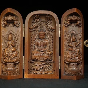 Vintage Japanese Netsuke Old Boxwood Carved Three Open Buddha Box Statue #5 - Picture 1 of 9