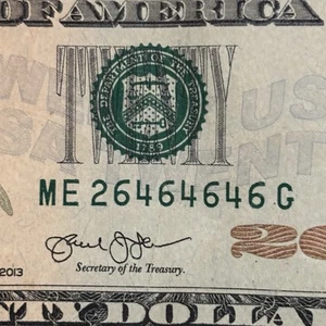 Series 2013 $20 Twenty Dollar Bill Fancy Serial Number Repeater ME 26464646 FINE - Picture 1 of 9