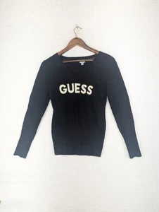Guess Womens Jumper Black Gold Tight-knit Logo Ribbed Hem V Neck M - Picture 1 of 7