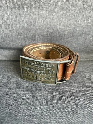 Vintage Levi Strauss & Co Brass Belt Buckle w/ Tooled Brown Leather Belt - Image 1 of 4