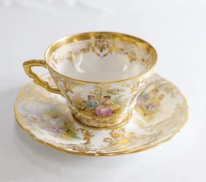 Dresden Hand-Painted Porcelain Cup & Saucer – Gold Gilt Border – Nobility Scene - Picture 1 of 8