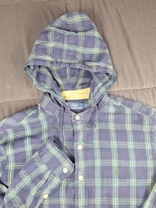 Camisa Polo Vintage Polo Ralph Lauren Country Azul Verde A Cuadros Con Capucha Mediana - Imagen 1 de 12