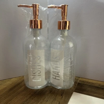 NEW!! Rose Gold Color - Set Of 2 - Glass Pump Dispensers * Dishes* and *Hands* - Image 1 of 2