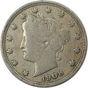 1908 Liberty Head V Nickel F Fine 5c Coin - Picture 1 of 2