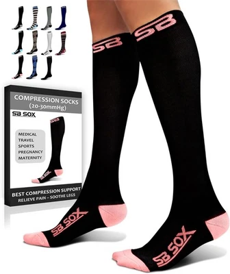 Meias de compressão SB SOX para homens e mulheres (20-30 mmHg) - X-Grande, preto/rosa  - Imagem 1 de 4
