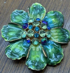 Vintage grün blau Strass Blume Brosche Anstecknadel goldfarben 2" - Bild 1 von 12