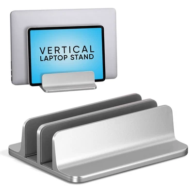 Silver Vertical Laptop Stand Adjustable Dual Slot MacBook Dell HP Surf Book Pro - Image 1 of 4