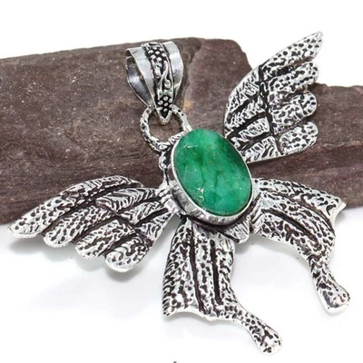 Colgante étnico esmeralda simulada murciélago enchapado en plata 925 joyería tamaño 2" GW Foto 1 de 3