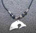 2 DOLPHIN pendant with BLACK ROPE new CUT BONE NECKLACE mens womens dolphins
