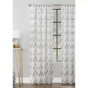 Sheer Curtain Panel 63"L x 52"W White Gray Rod Pocket Santo Ikat Print Textured - Picture 1 of 4