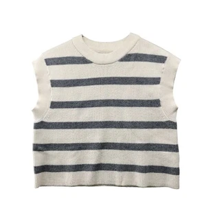 Zara Girls Size 13/14 Sweater Vest Cream Gray Striped Crewneck Boxy Ribbed - Picture 1 of 7